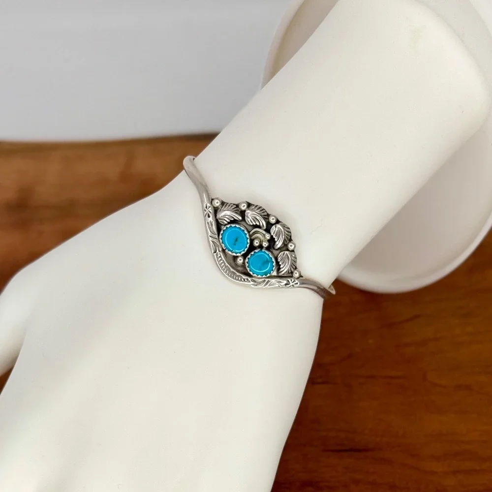 Sterling and Turquoise Cuff Bracelet Southwestern Navajo Jerry Cowboy Style